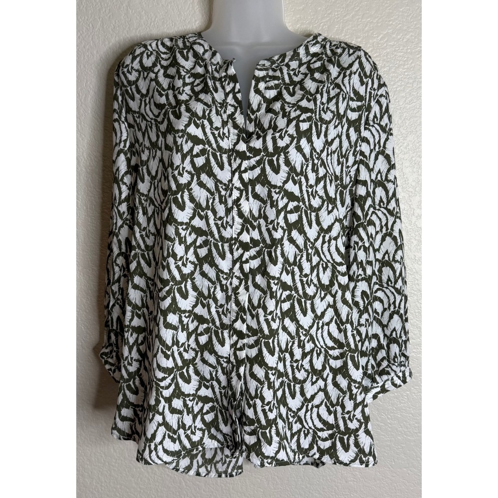 Jachs Girlfriend Womens L Blouse Green White Abstract Feather Print V Neck Top